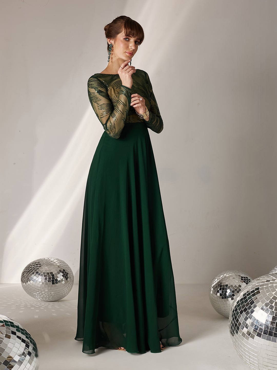 Women's Green & Beige Solid Embellished Maxi Dress
