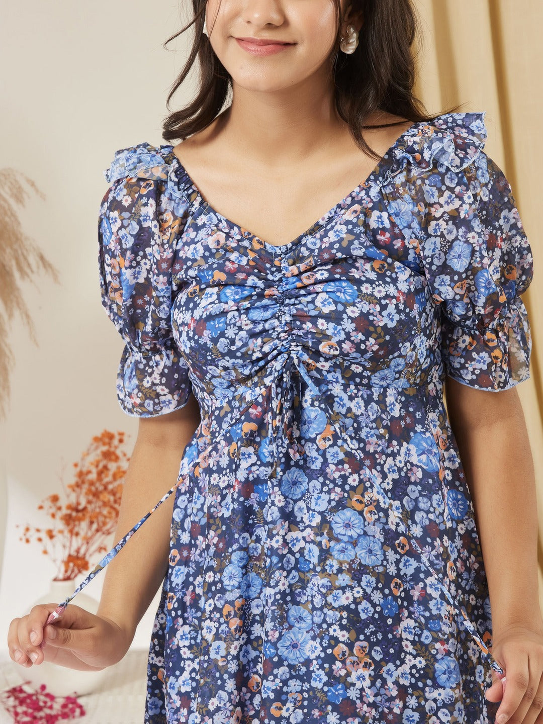 Navy Blue V-Neck Puff Sleeve Floral Ruching Ankle-Length Dress for Girls/Teenagers