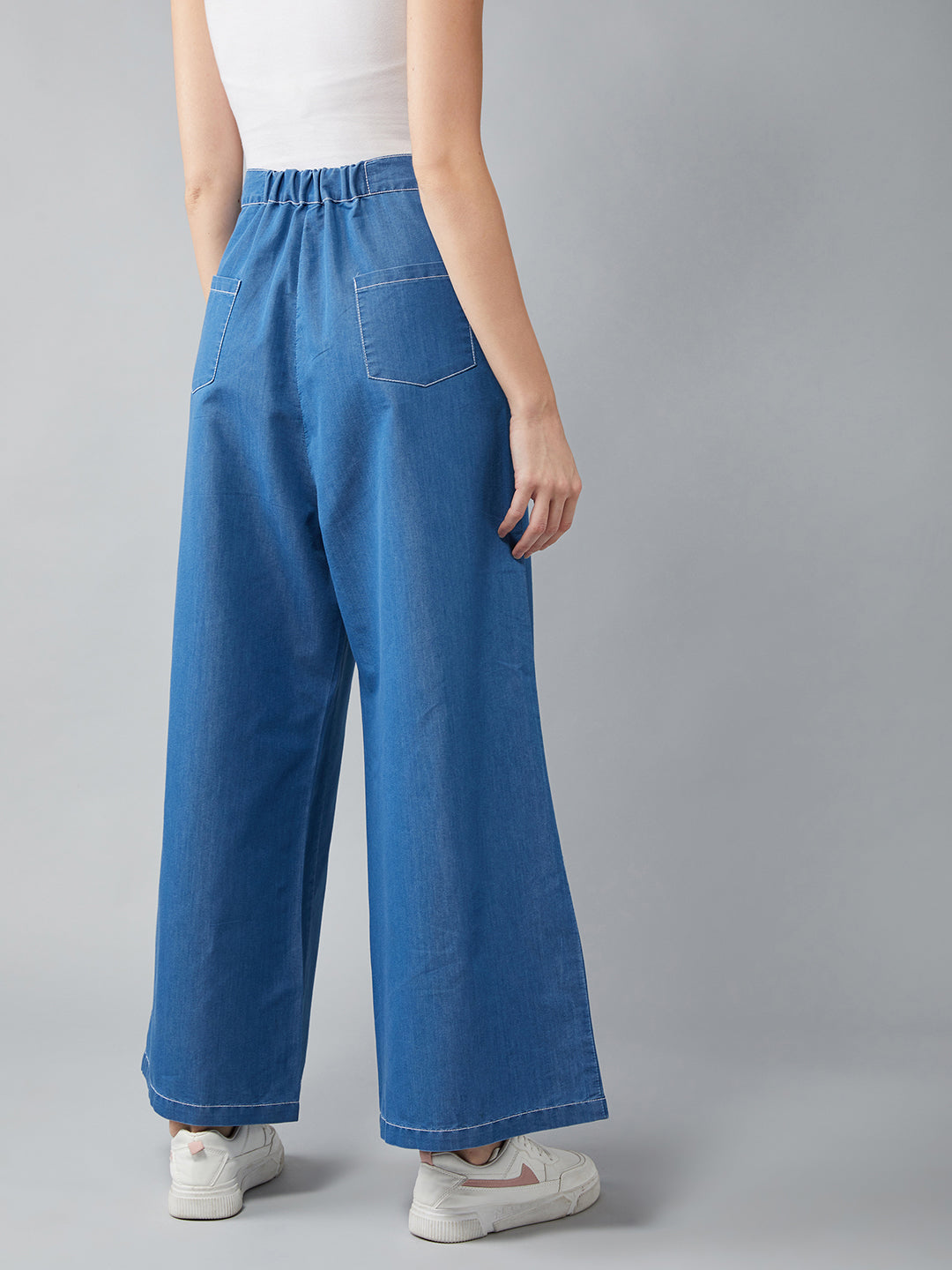 Women's Blue Wide-Leg High Rise Clean Look Light Weight Regular Length Denim Pants