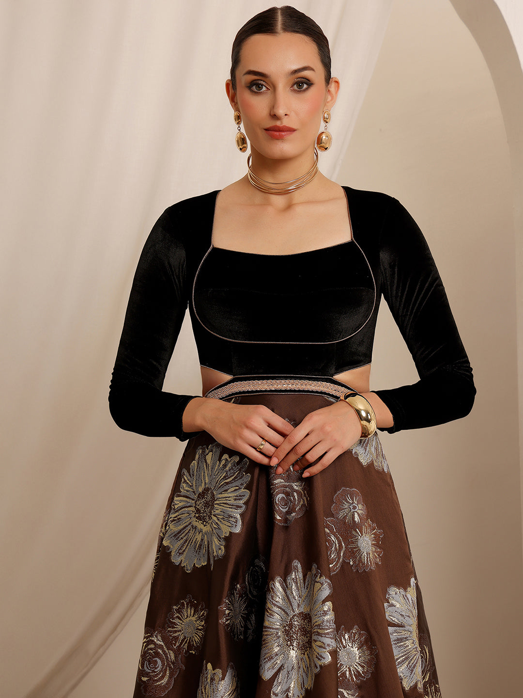 Raas Avi Brown Choli-Cut Floral Cut-Out Maxi Dress
