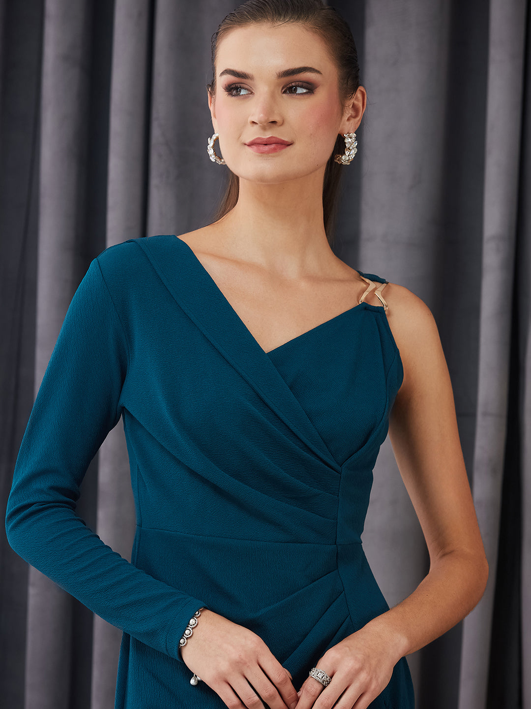 Women's Teal Asymmetric Shawl Collar Asymmetric Solid Bodycon Above-Knee Dress