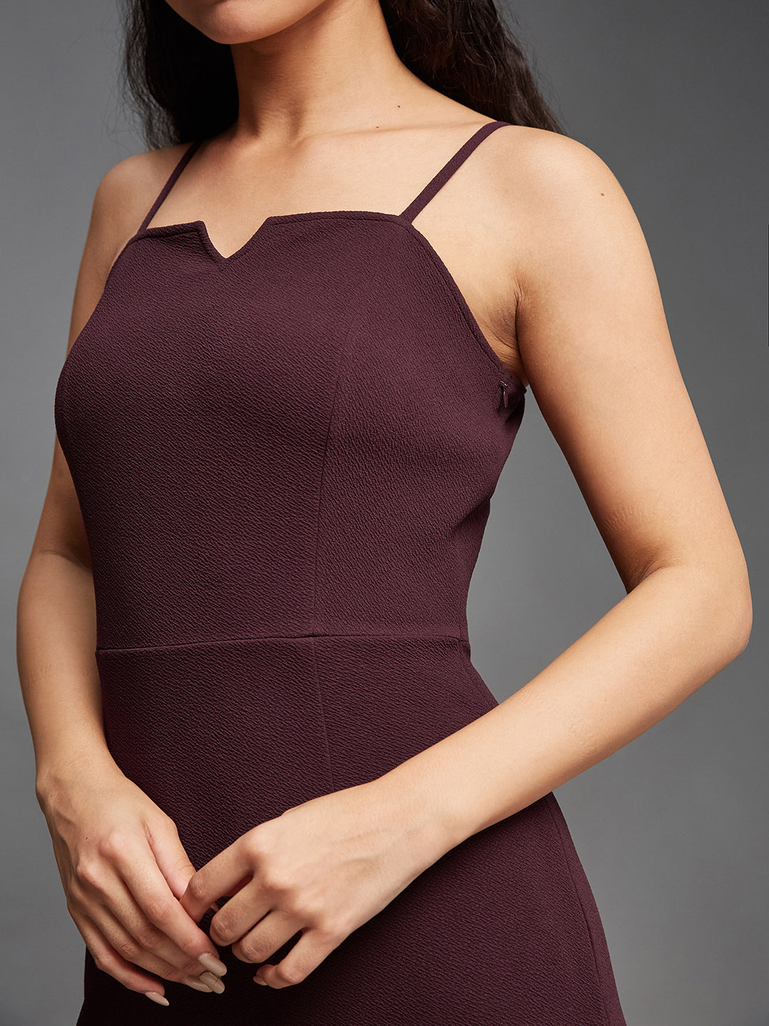 Women's Dark Purple Square Neck Sleeveless Solid Paneled Strappy Mini Bodycon Dress