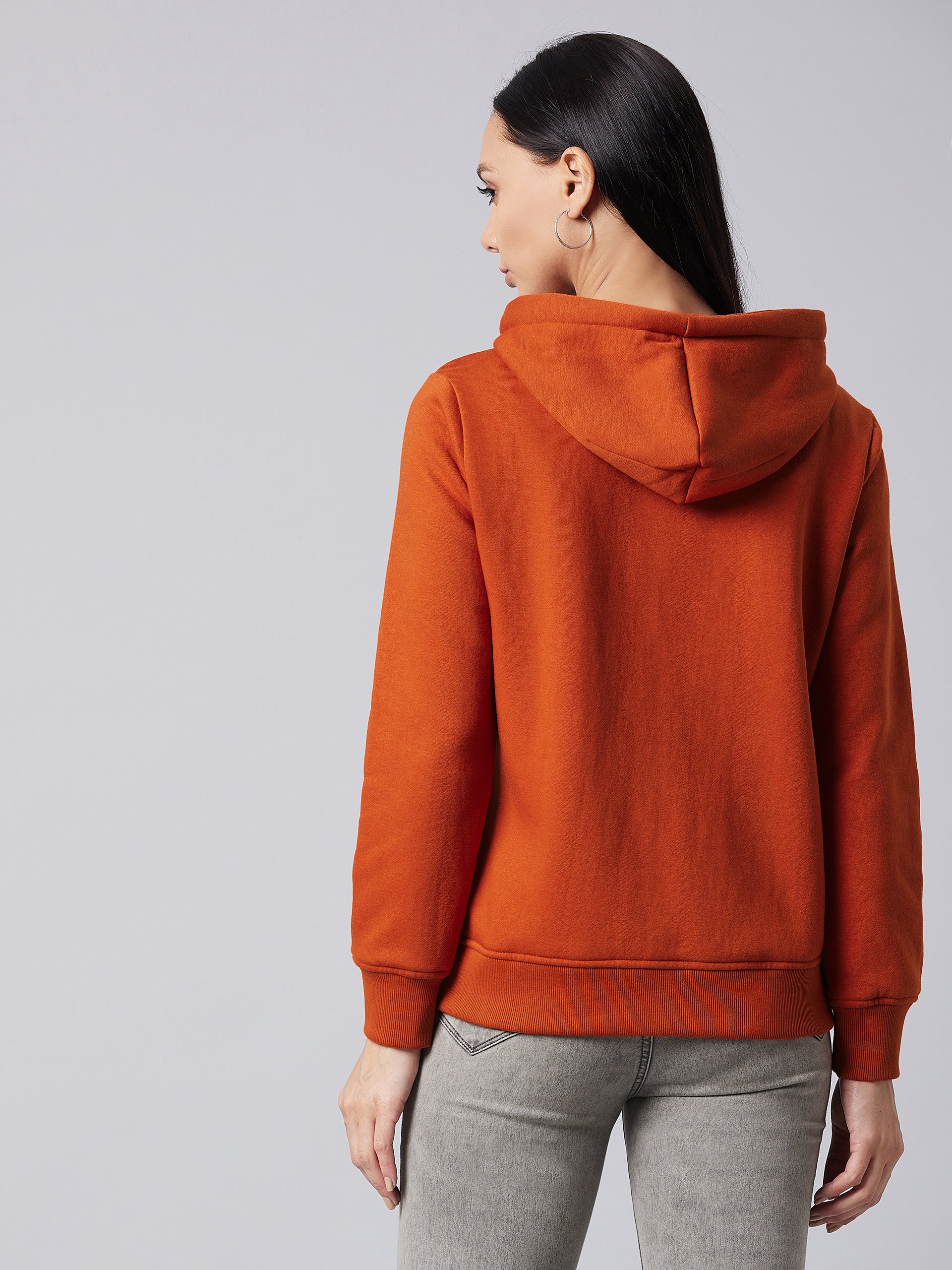 Women's Rust Round Neck Full Sleeve Solid Hooded Regular Sweatshirt