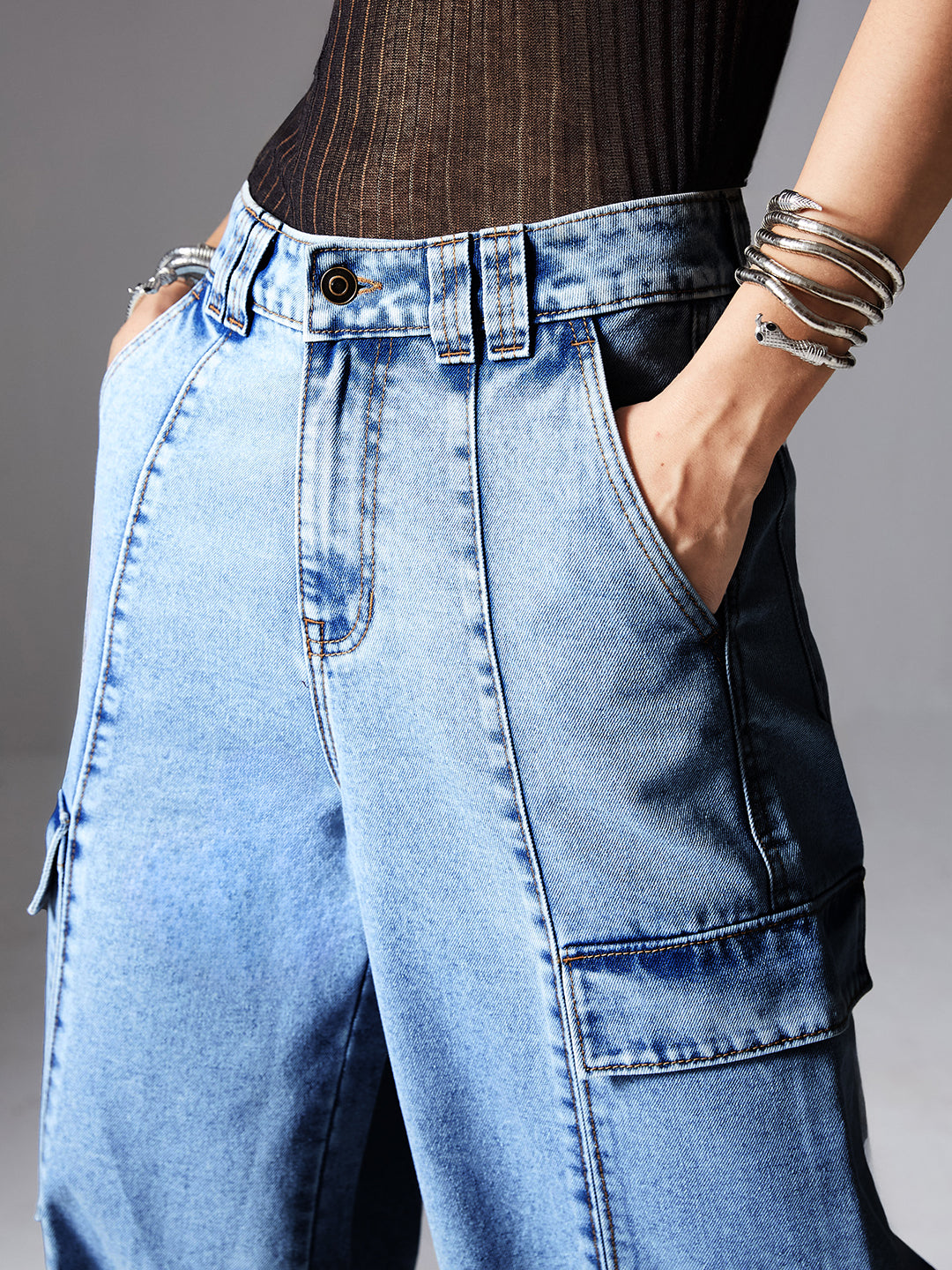 Women's Light Blue Wide-Leg High Rise Regular Denim Pant