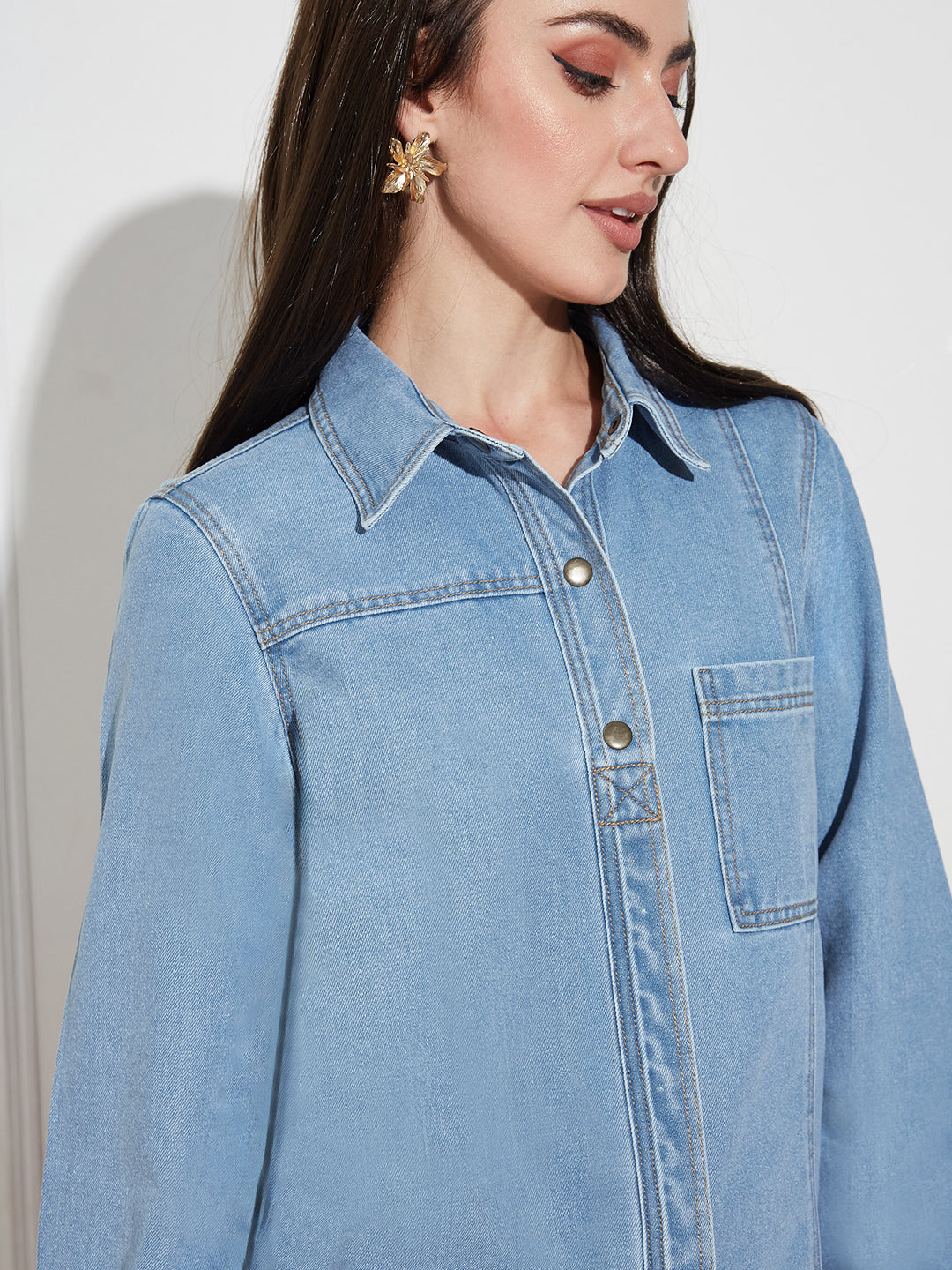 Women’s Light Blue Asymmetric Denim Shirt – Full Sleeves, Relaxed Fit, Collared