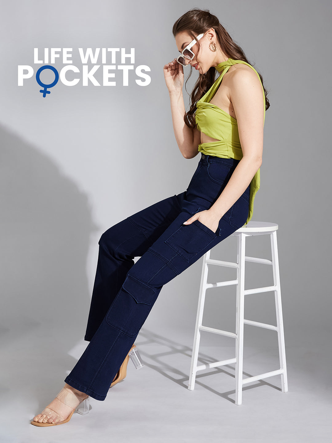 Women's Navy Blue Wide-Leg High-Rise Clean-Look Stretchable Denim Jeans