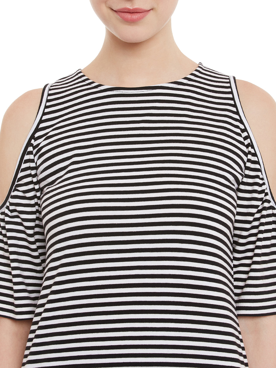 Black and White Round Neck Half Sleeve Striped Mini Shift Dress for Women — Miss Chase