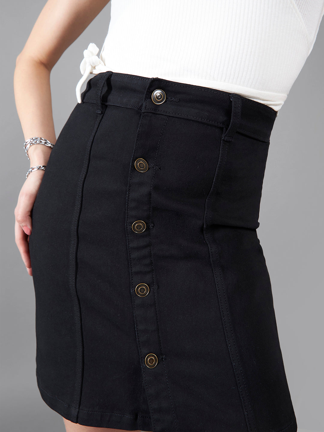 Women's Black Stretchable Solid Bodycon Mini Denim Skirt