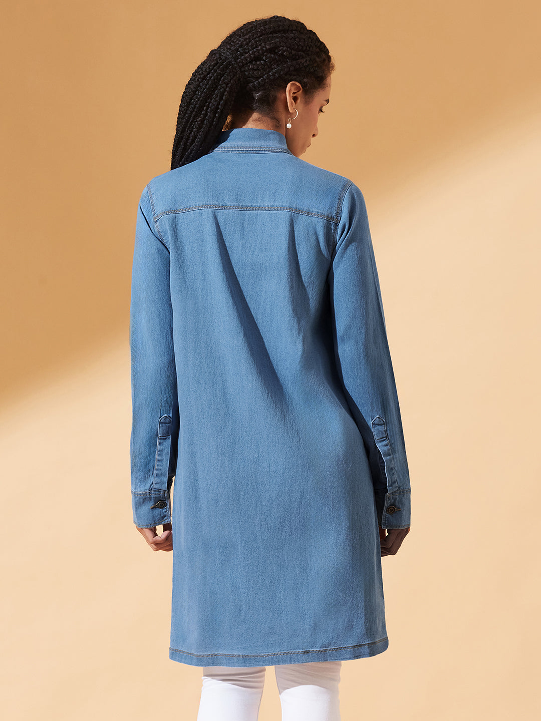 Blue Polo Neck Full Sleeves Denim Knee-Long Shrug for Women