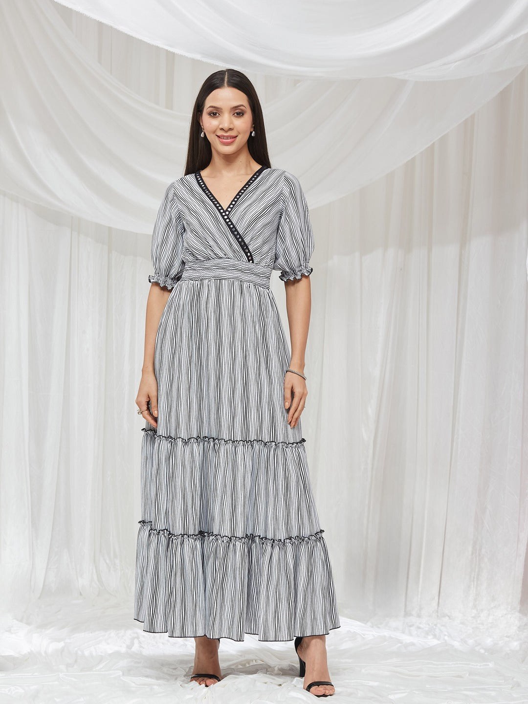Black and White Half-Sleeved Striped Maxi Dress for Women