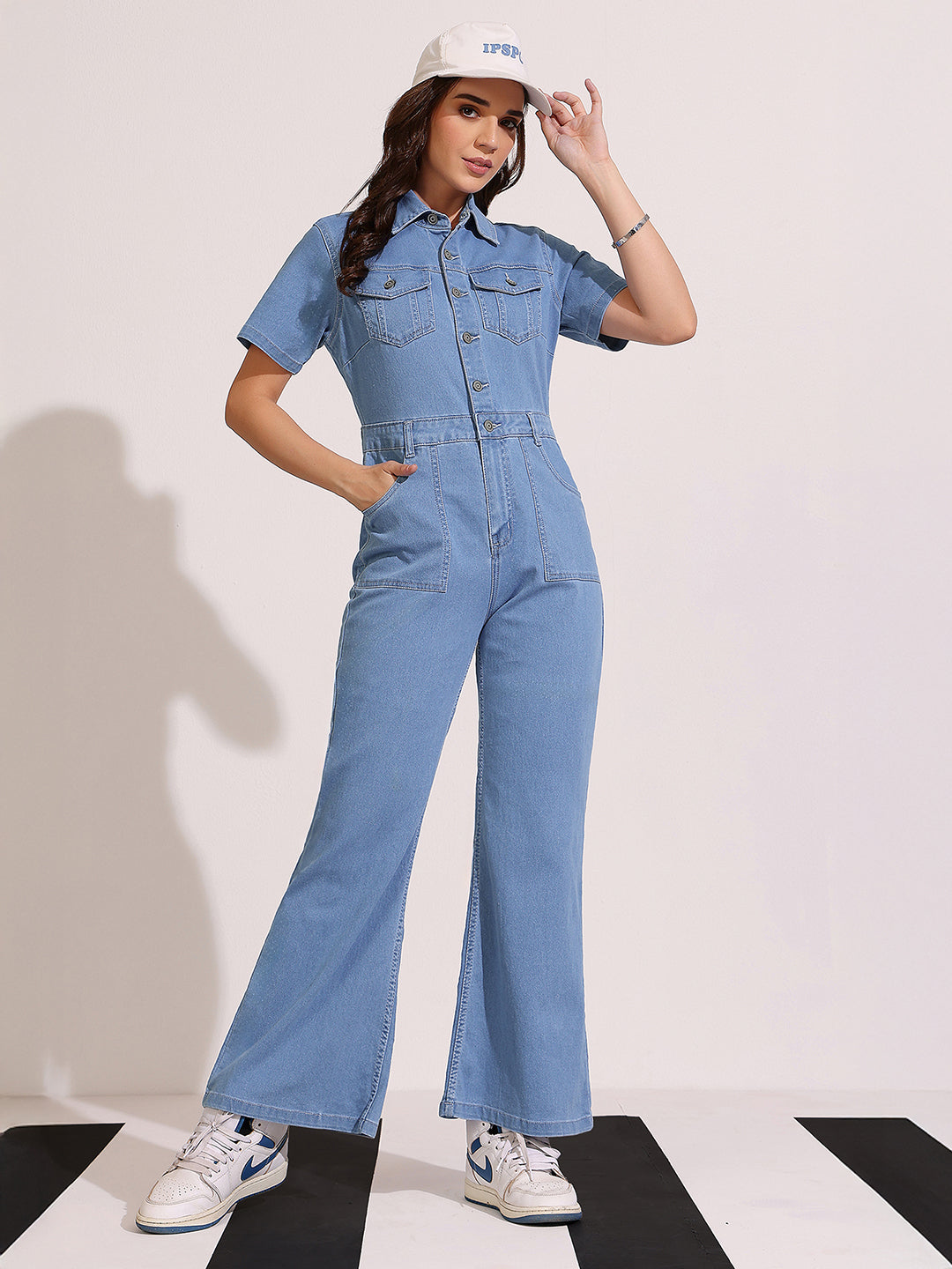 Women's Light Blue Flared High Rise Regular Length Stretchable Denim Jumpsuit