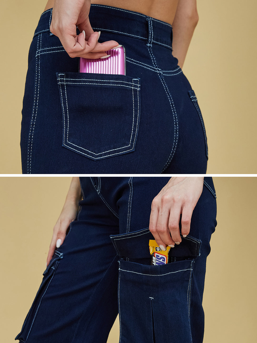 Women's Navy Blue Wide-Leg High-Rise Clean-Look Regular Stretchable Denim Jeans