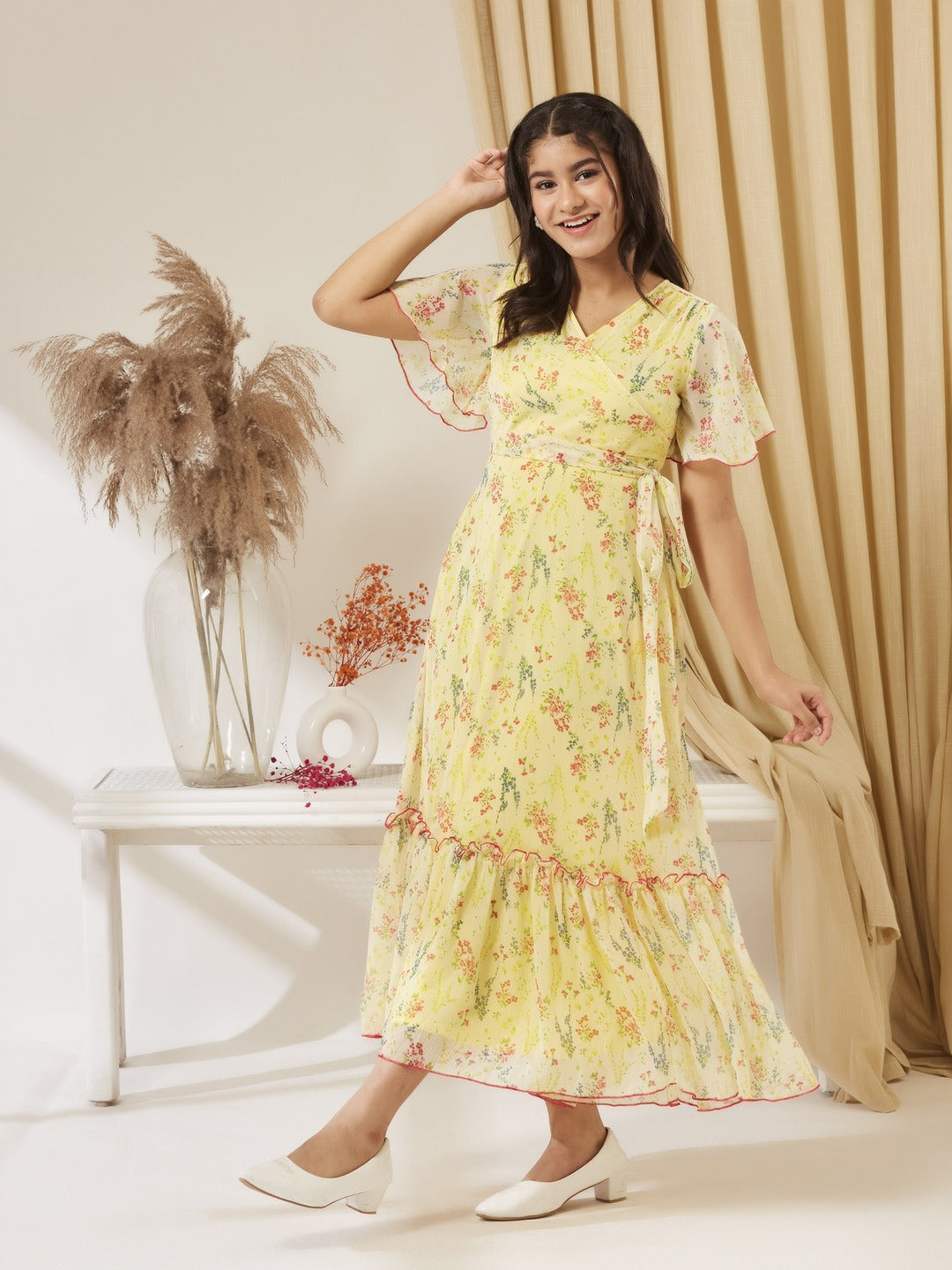 Yellow V Neck Flared Sleeve Floral Wrap Maxi Dress for Girls/Teenagers