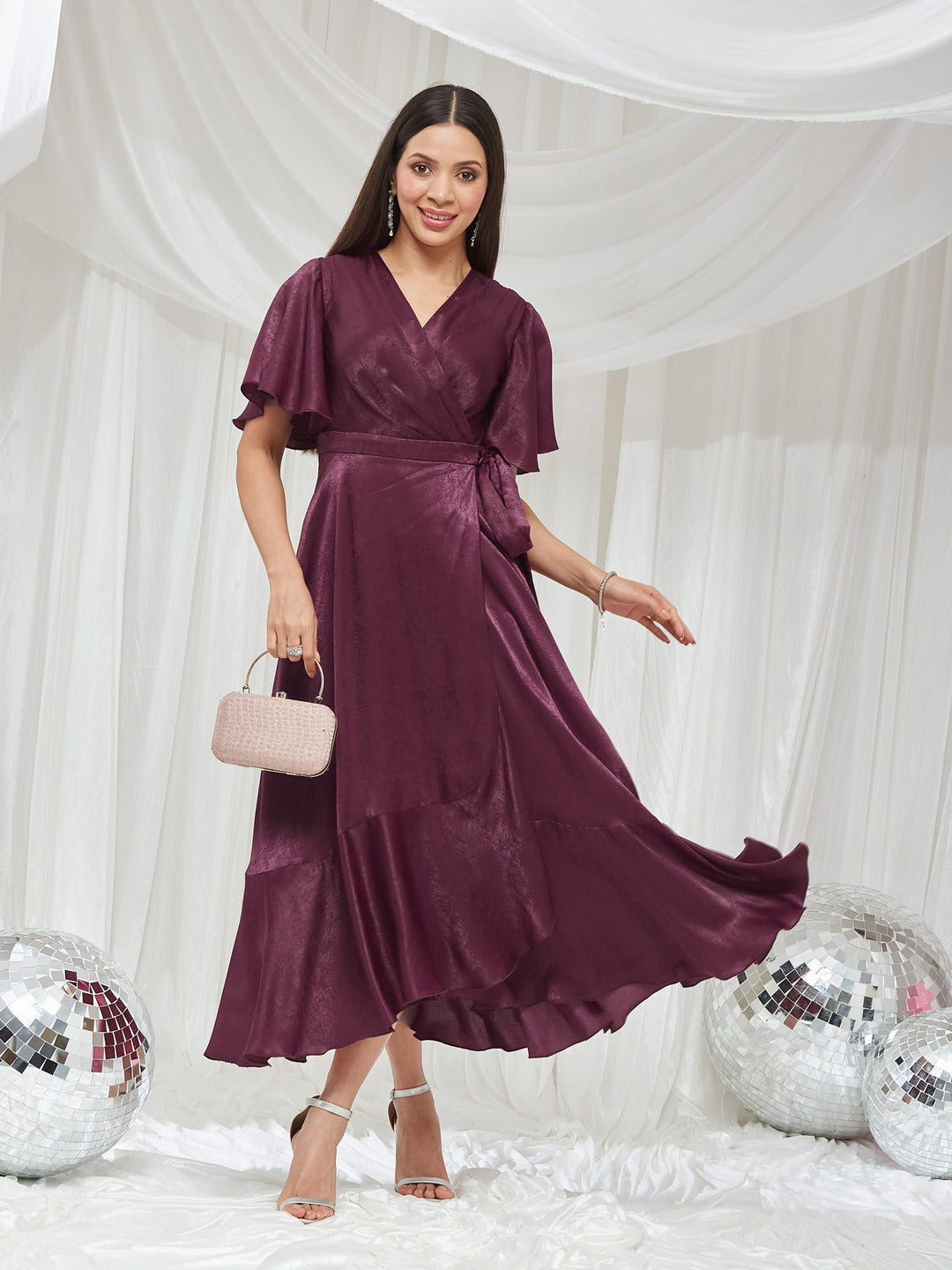 Wine V-Neck Flared Solid Overlap/Tie-Up Midi Satin Dress for Women