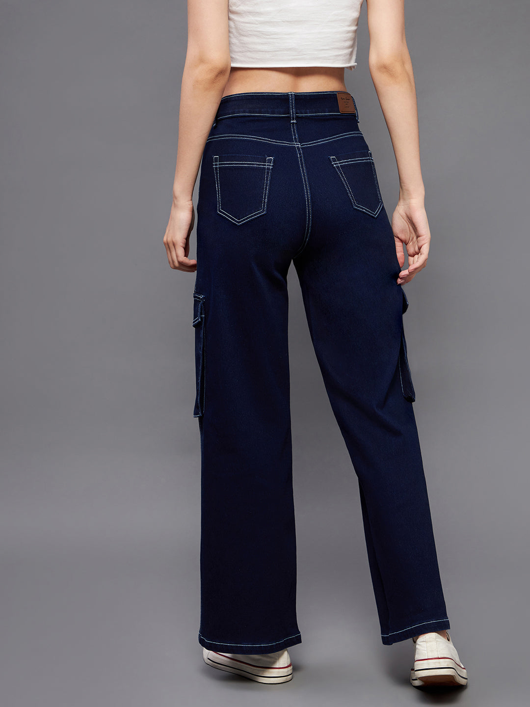 24/7 Comfort Women's Navy Blue Wide leg Cargo High rise Regular Stretchable Baggy fit Denim Jeans