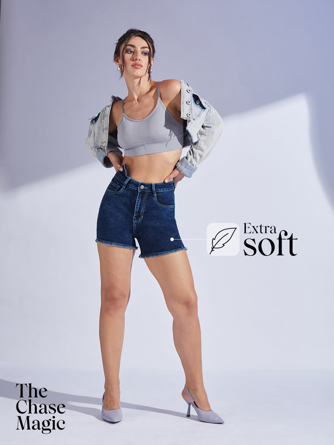 Navy-Blue Relaxed Fit High-Rise Stretchable Denim Faded Shorts for Women