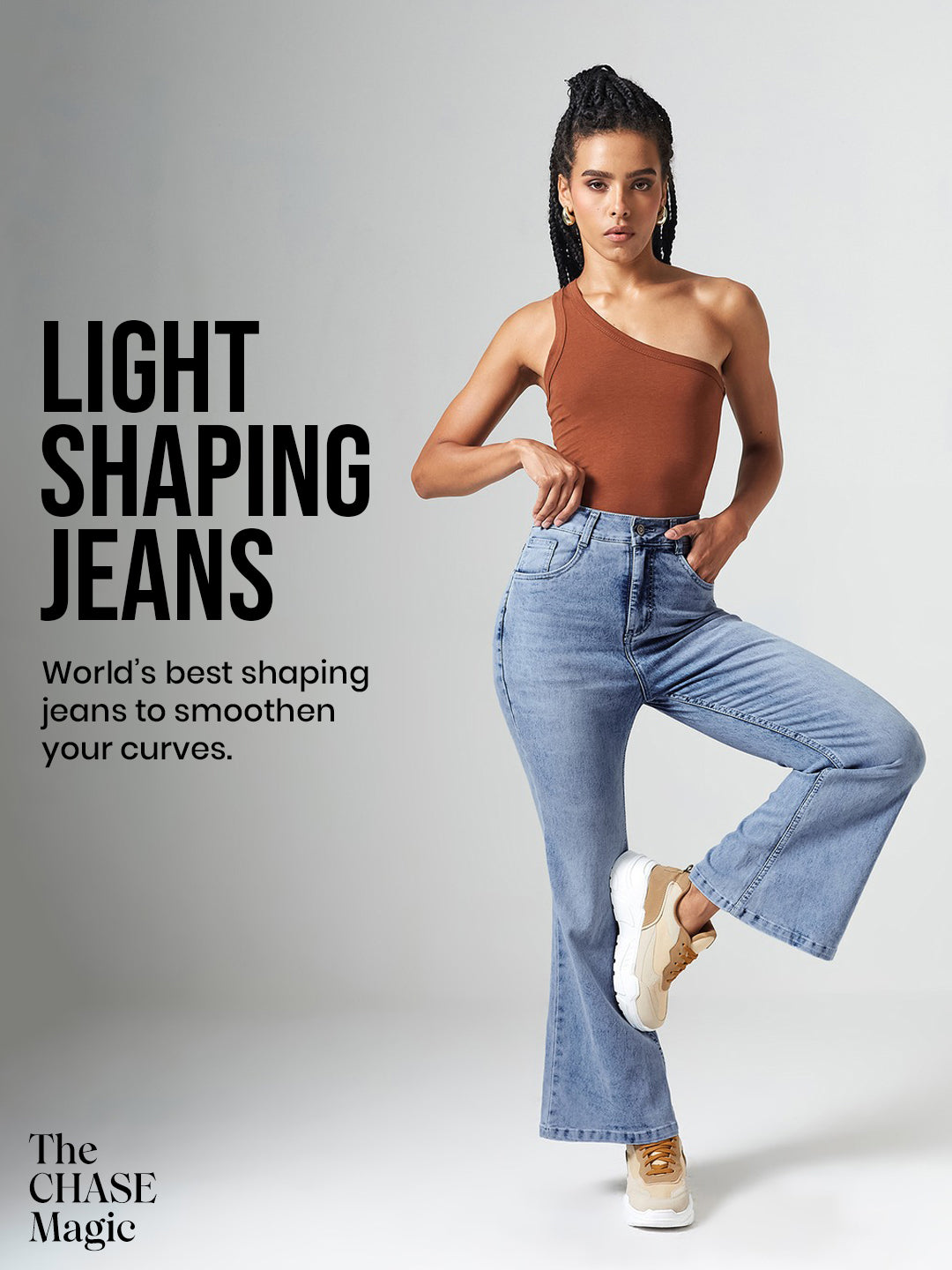CHASEshape™ Light-Shaping Light Blue High Rise Regular Stretchable Denim Bootcut Jeans for Women