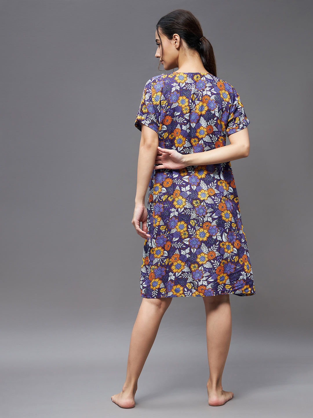 Women's Purple V Neck Short Sleeve Printed Button Down Placket Knee-Long Shift Dress