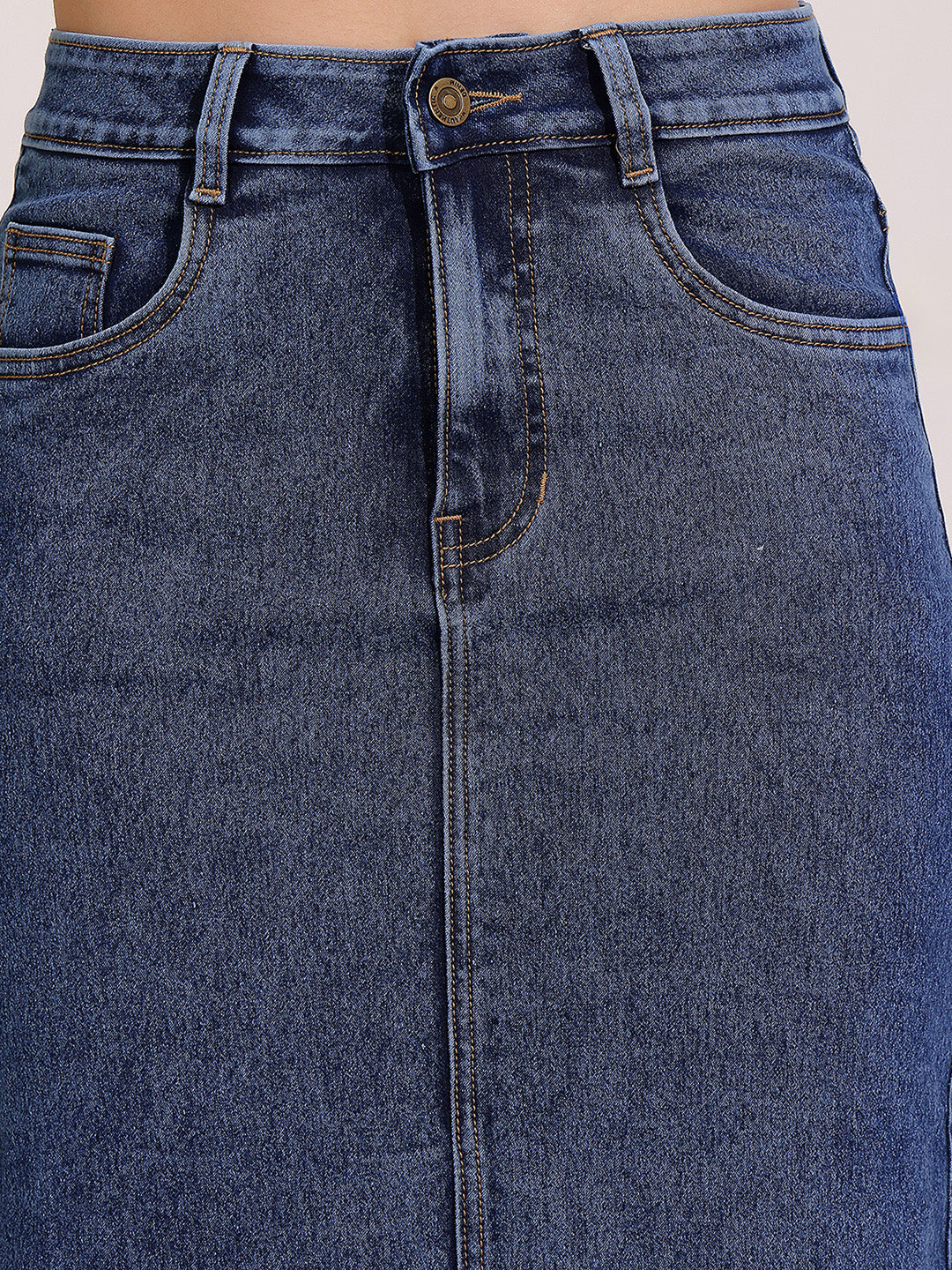 Women's Dark Blue High-Rise Stretchable Denim Midi Skirt with Back Slit – Shaping Fit