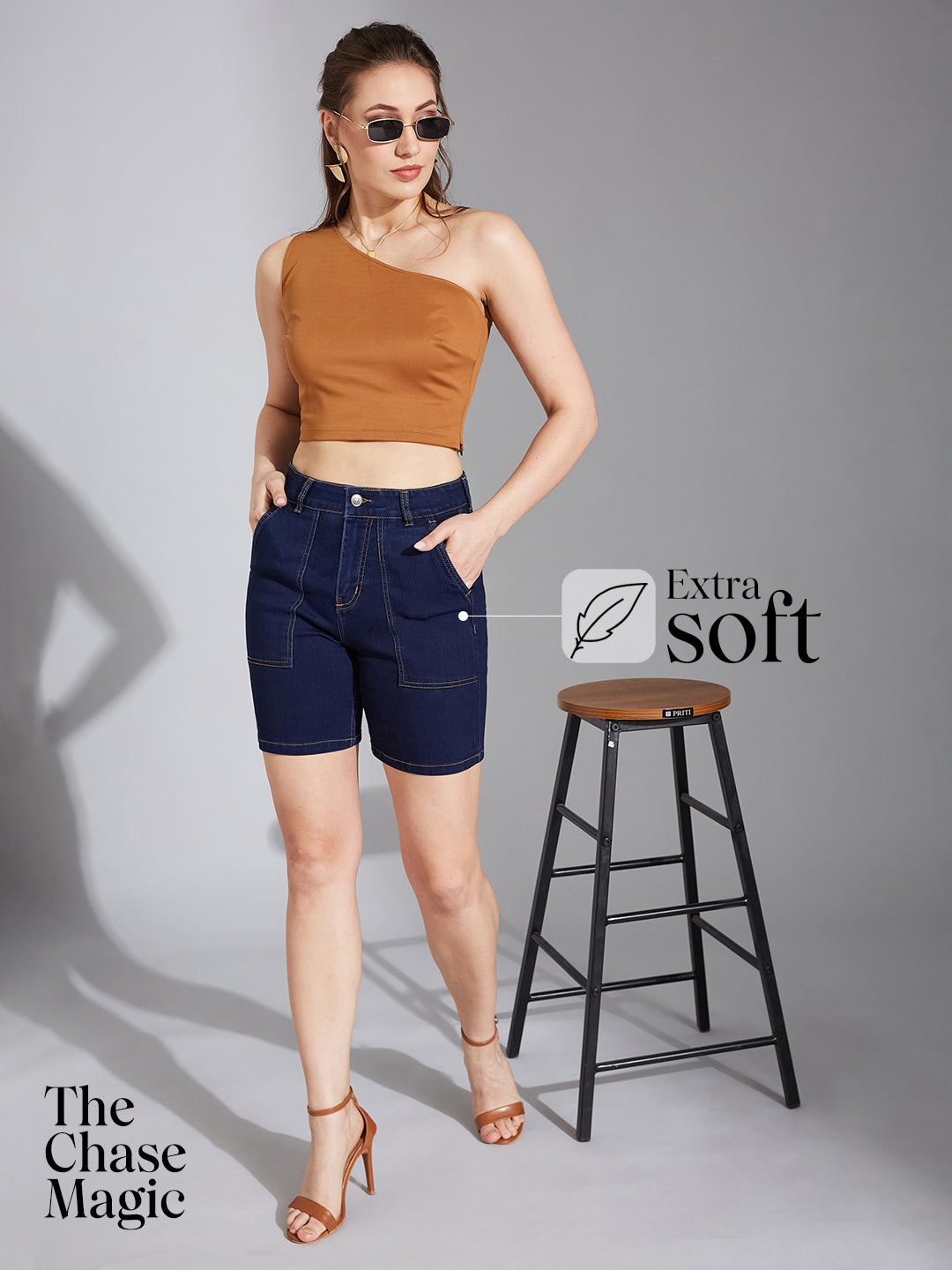 Navy-Blue Regular High-Rise Clean-Look Above-Knee Stretchable Denim Shorts for Women