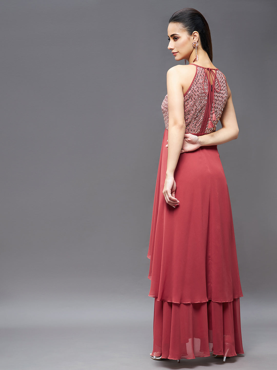 Women's Brick Red Georgette Halter Neck Sleeveless Sequined Layered Party Maxi Dress