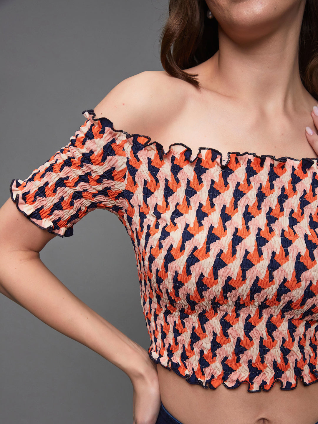 Women's Orange And Navy Bardot Half Sleeve Geometric Patterned Off Shoulder Smocked Crepe Crop Top