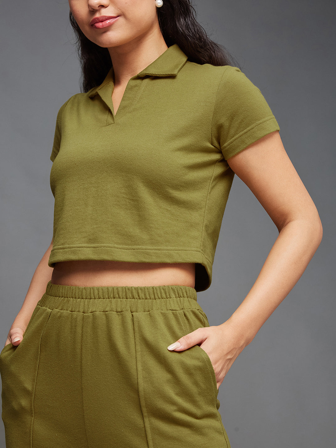 Women'S Olive Green Shirt Collar Short Sleeve Solid Regular-Length Cotton Sporty Co-Ord Set