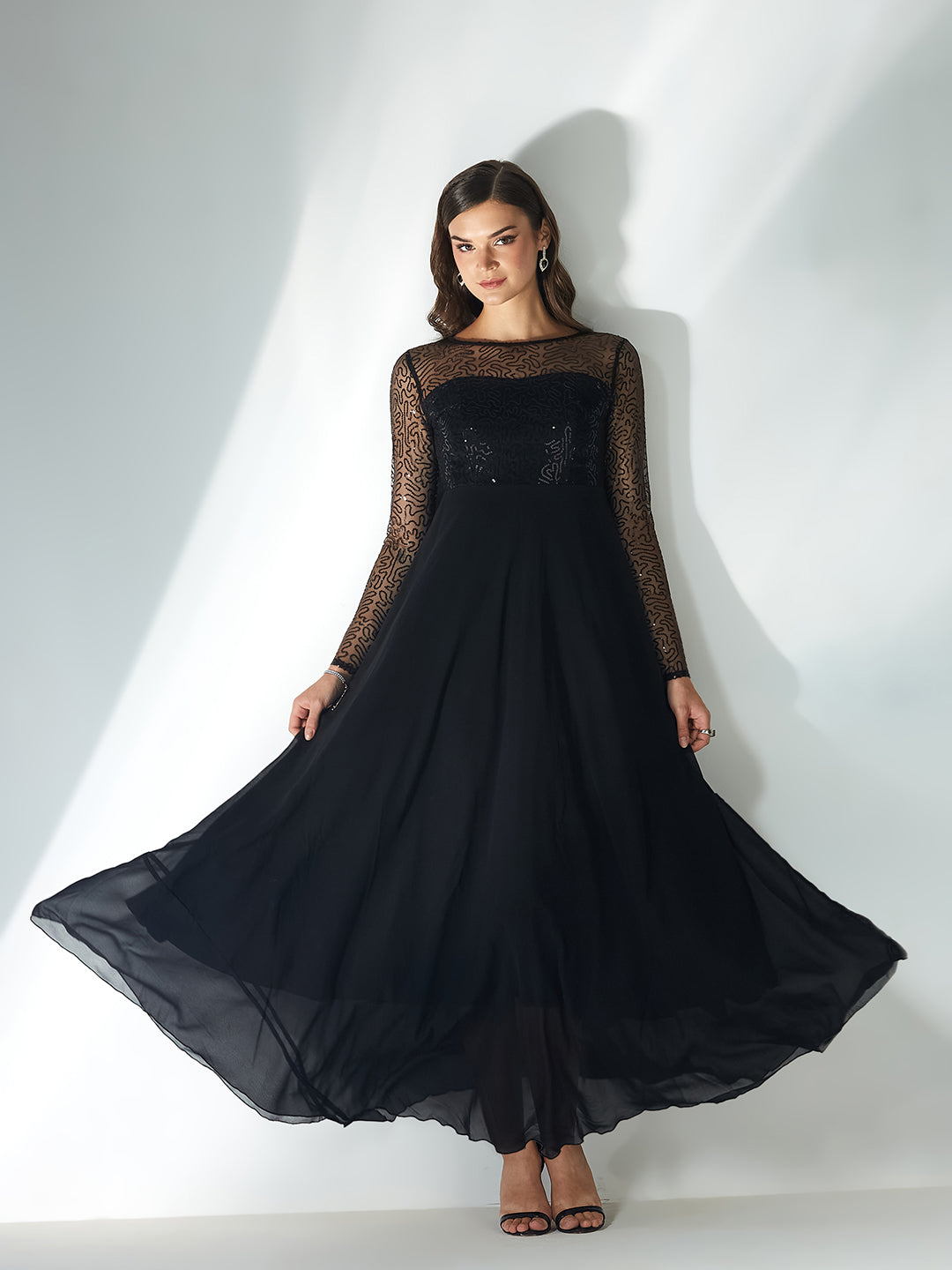 Women's Black Solid Embellished Maxi Dress