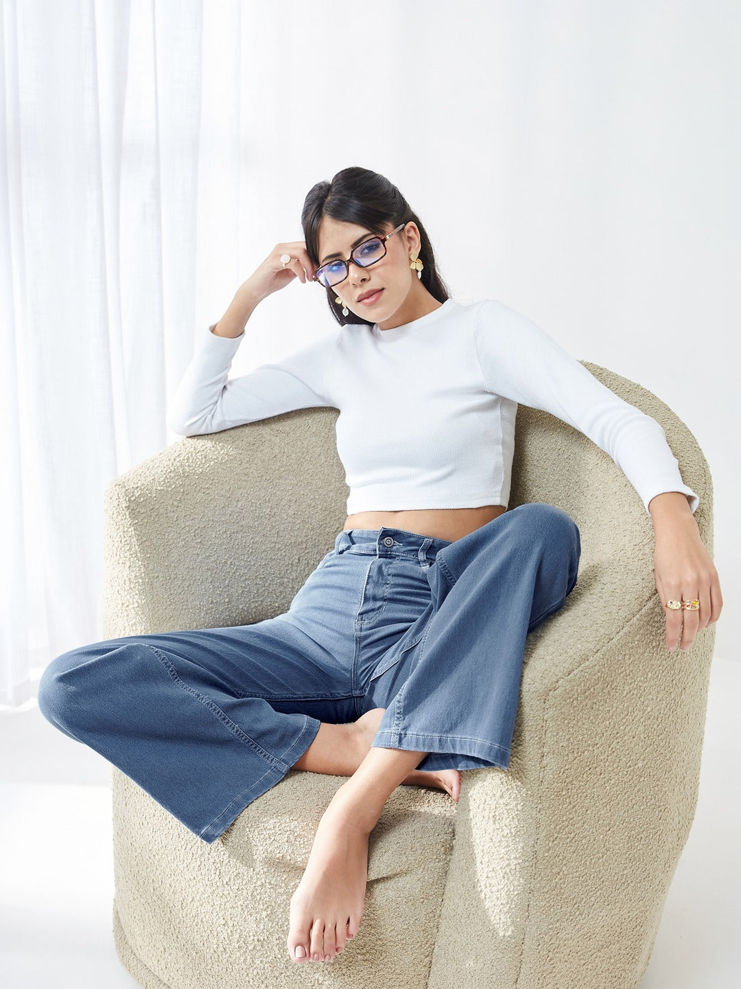 Blue Wide-Leg High-Rise Stretchable Denim Jeans for Women