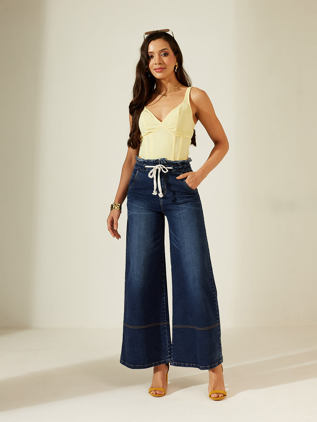 Navy Blue Wide-Leg High-Rise Mild Distressing Stretchable Denim Jeans for Women