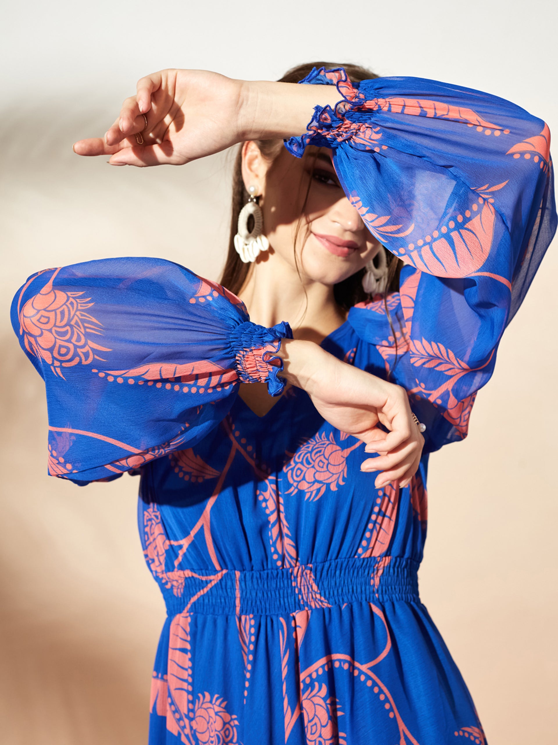Royal Blue & Coral Full Sleeves Floral Printed Fit and Flare Dress for Women