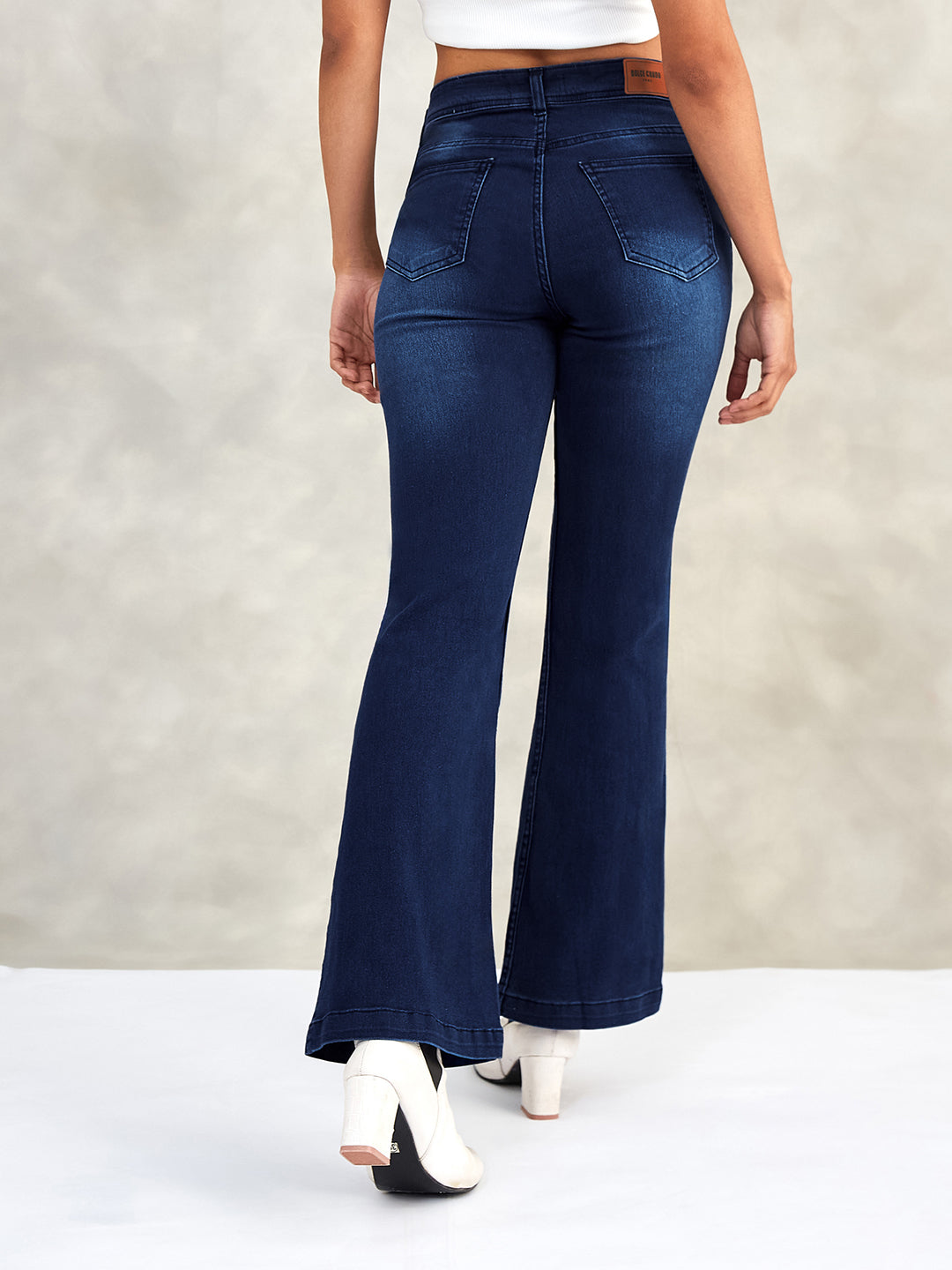 Women's Navy Blue High-Rise Stretchable Flared Denim Jeans
