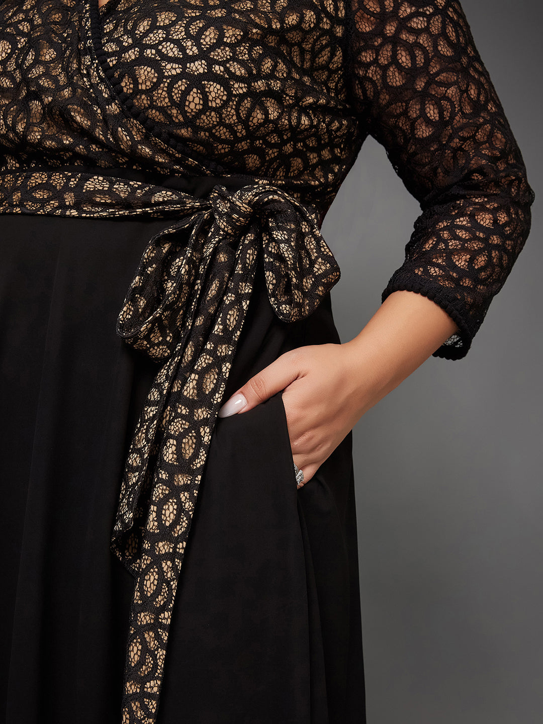 Women's Black Self-Designed Relaxed Fit V-Neck 3/4th Sleeve Georgette And Lace Maxi Dress