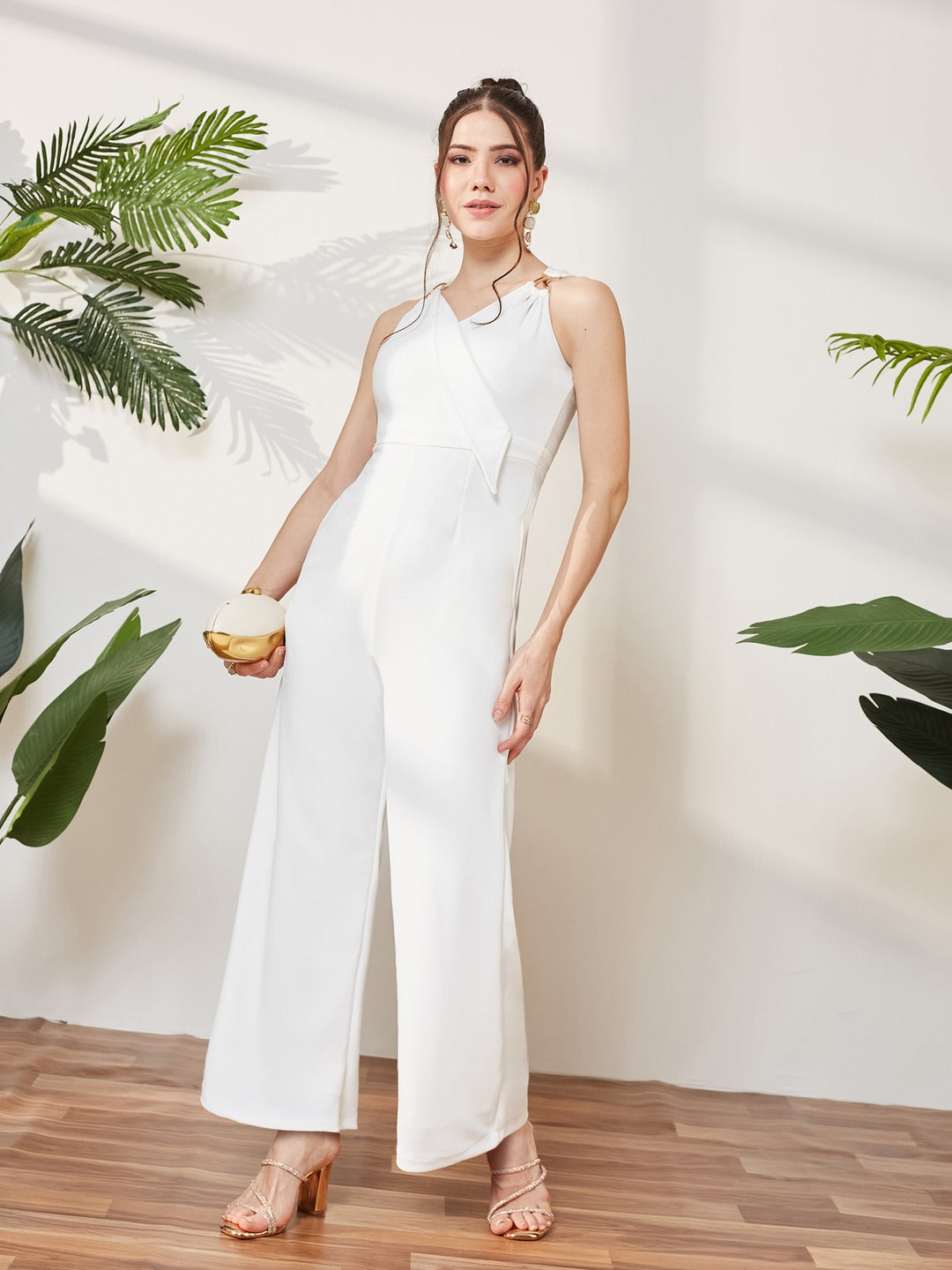 Off-White V-Neck Sleeveless Solid Wrap Polyester Jumpsuit for Women
