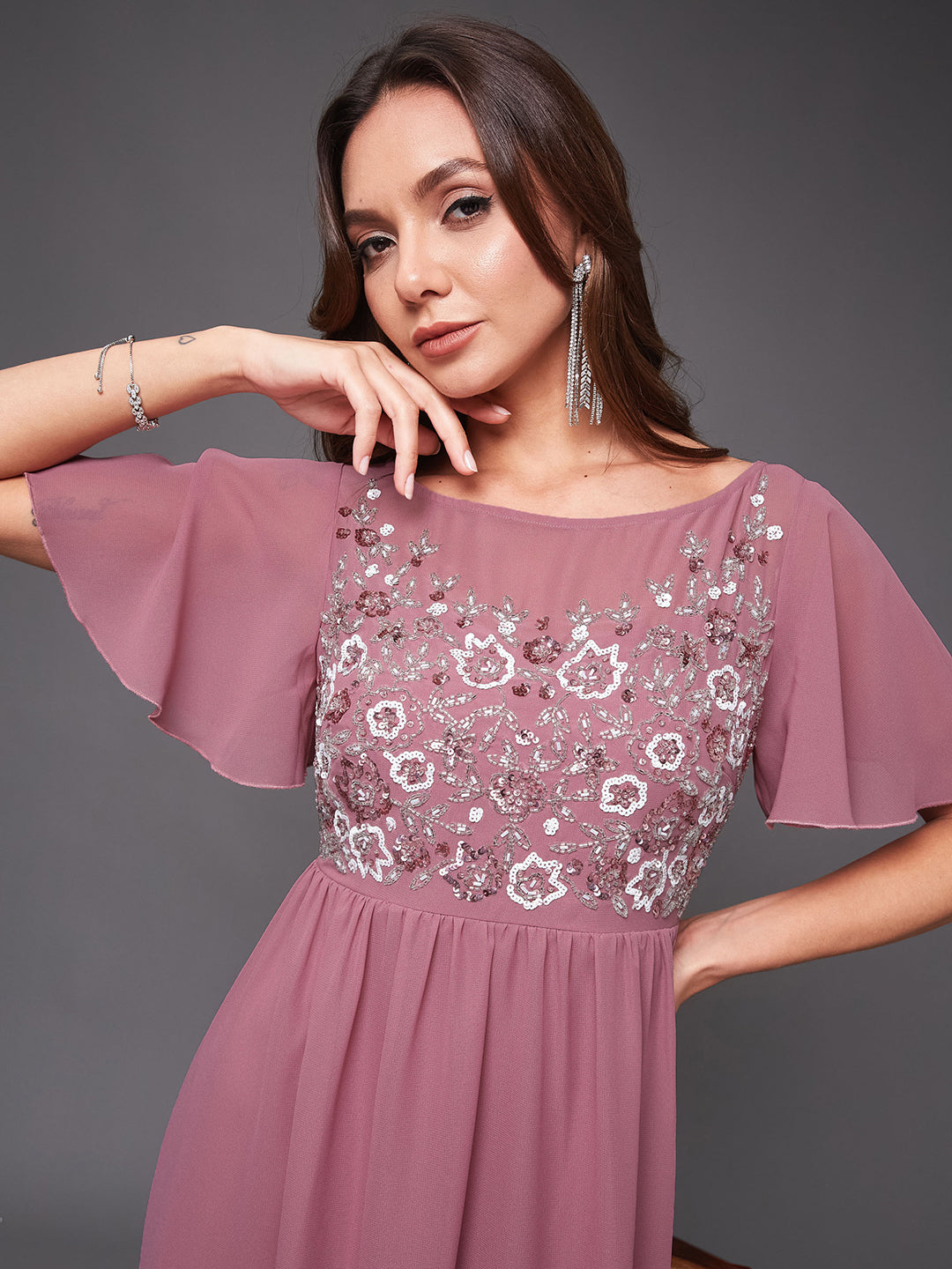 Women's Dusty Lavender Boat Neck Half Sleeve Solid Embellished Georgette Maxi Dress