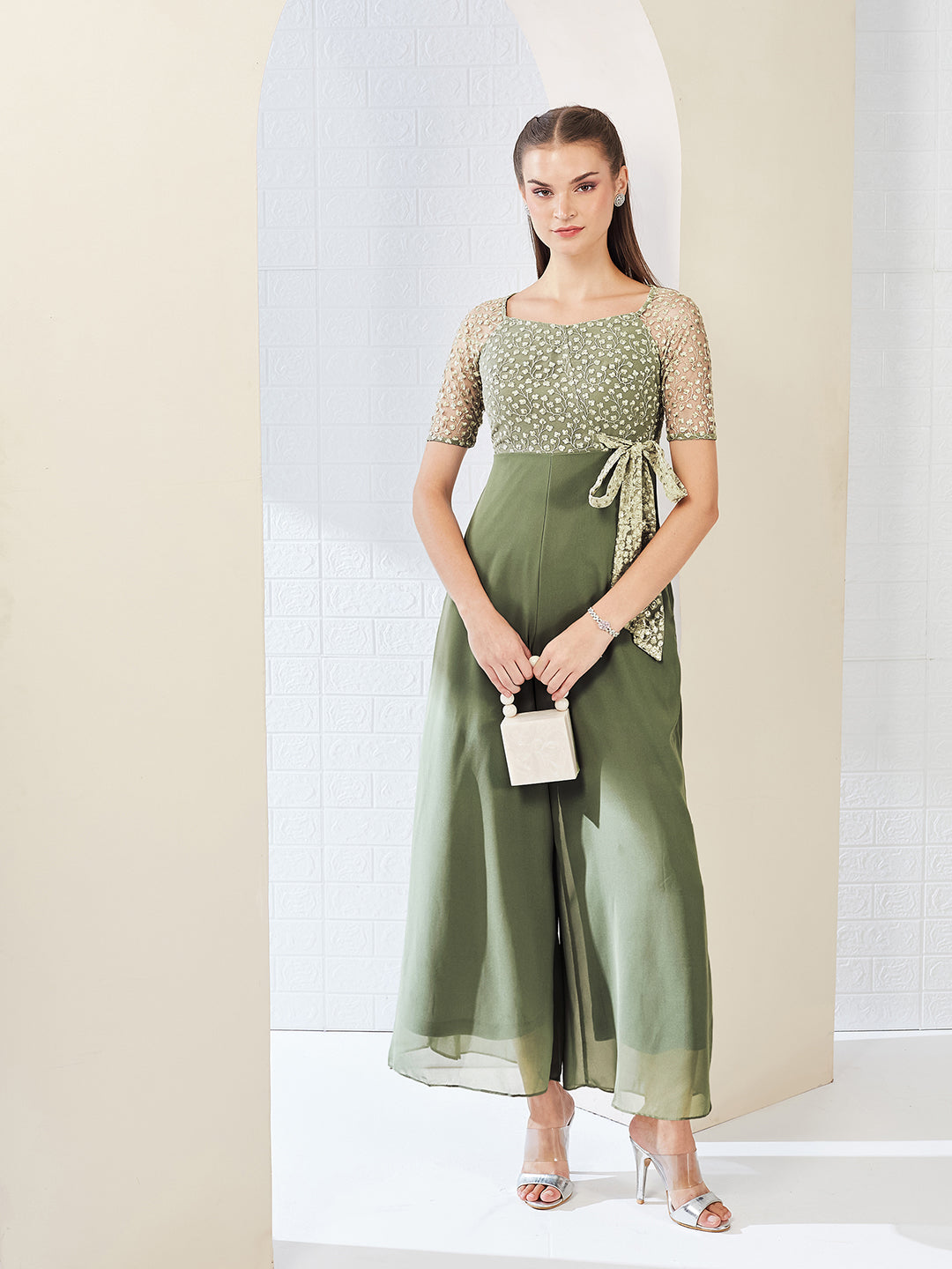 Light Green Square Neck Raglan sleeve Solid Embroidered Regular Jumpsuit for Women — Miss Chase