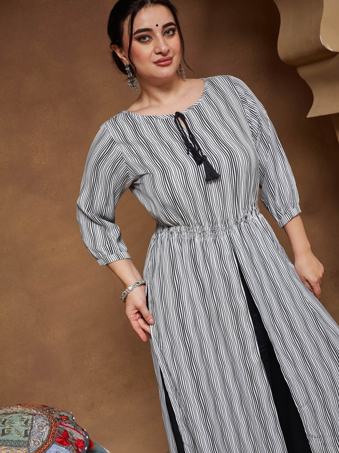Black & White Round Neck 3/4 Sleeve Striped Tassel Tie-Up Detailing Maxi Top for Women — Miss Chase A+