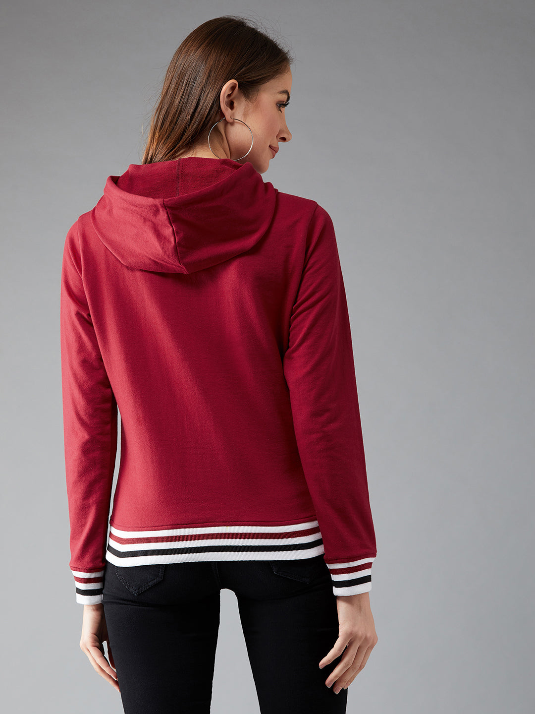 Women's Maroon Hooded Full Sleeves Screen Printed Eyelet Detailing Regular Length Sweatshirt