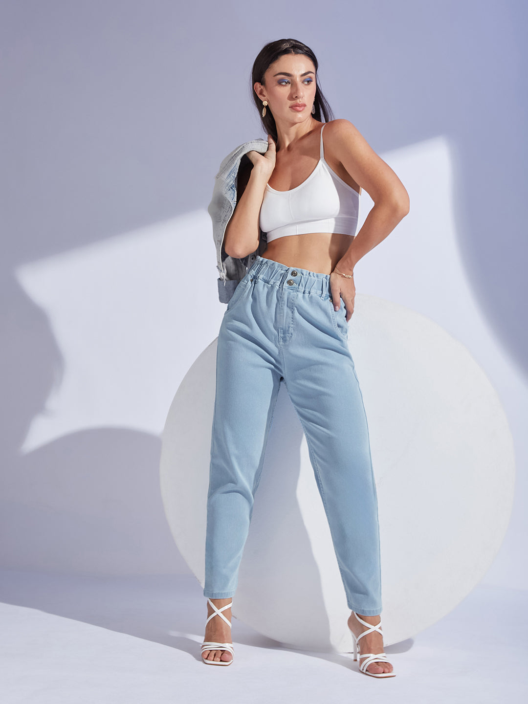 Women's Light Blue High-Rise Regular-Length Stretchable Denim Mom's Jeans