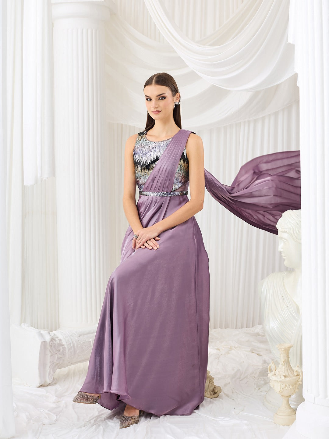 Embellished Dusty Purple Gown in Premium Layered Satin for Women