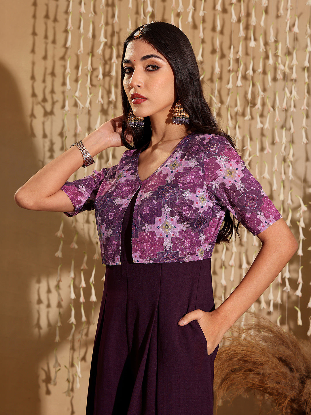 Women'S Dark Purple V Neck Half Sleeve Pleated Polyester Regular-Length Solid Jumpsuit