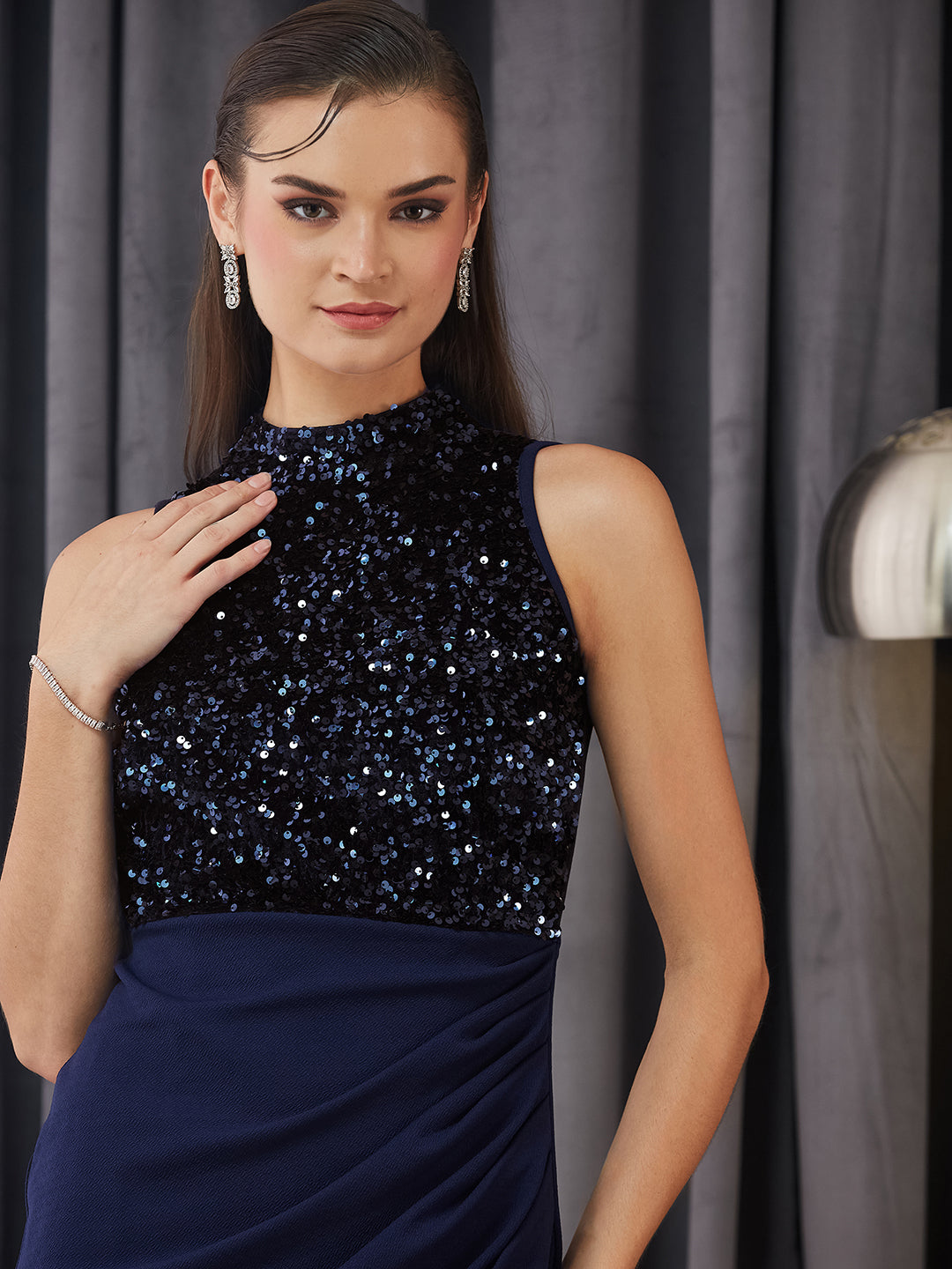 Women's Navy Blue Halter Neck Sleeveless Embellished Pleated Above-Knee Dress