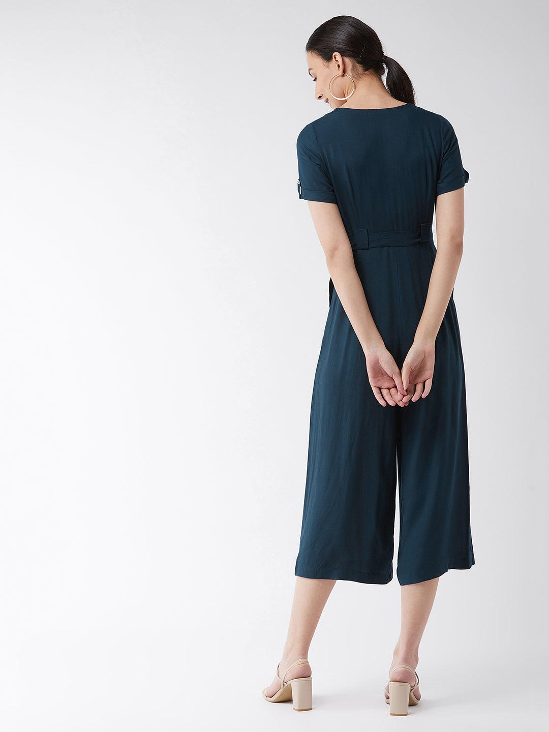 Women's Blue Solid Rayon Regular Fit V Neck Half Sleeve Crop Length Jumpsuit