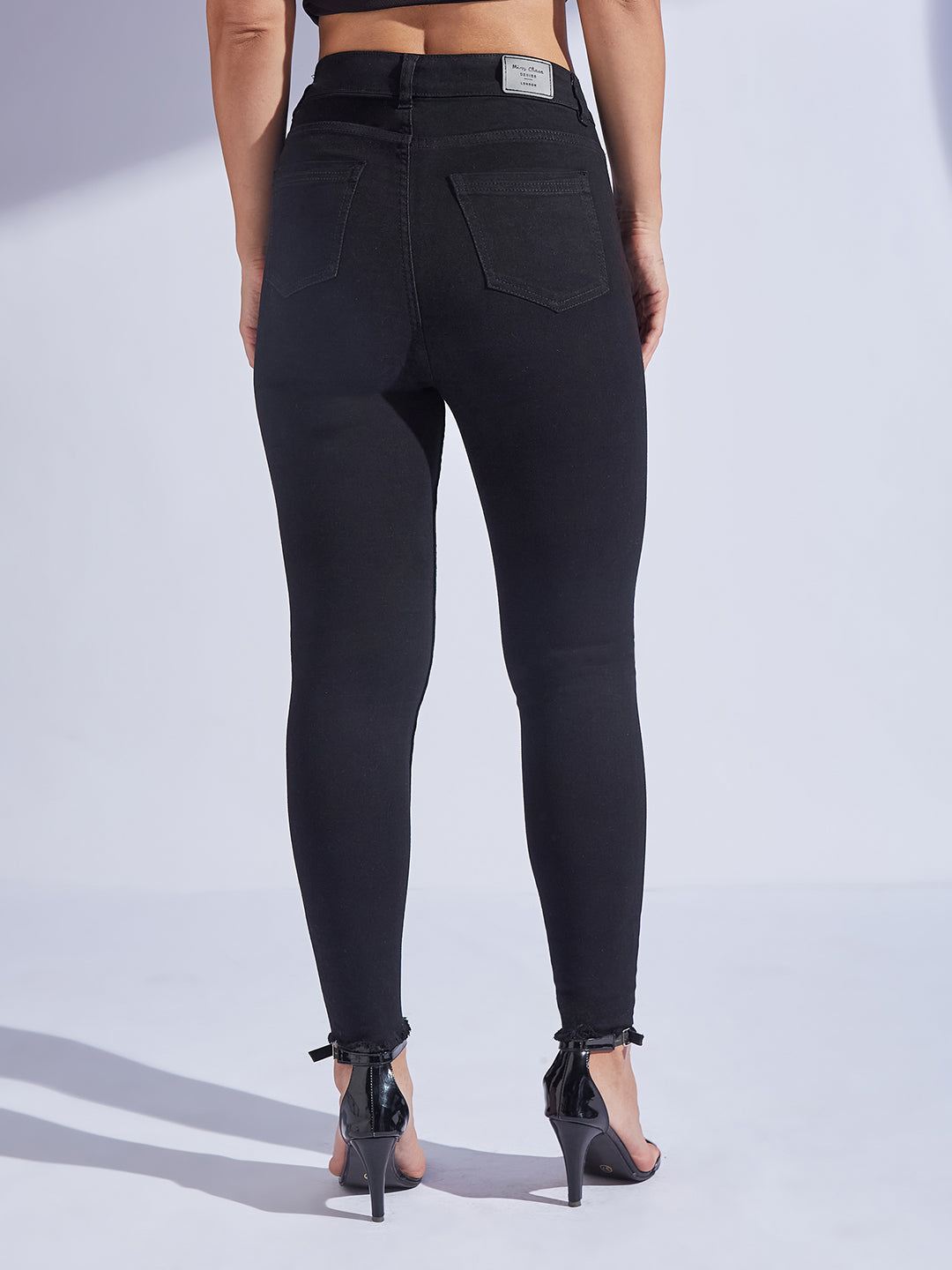 Women's Black Skinny Fringed Detailing High-Rise Solid Cropped Stretchable Denim Jeans