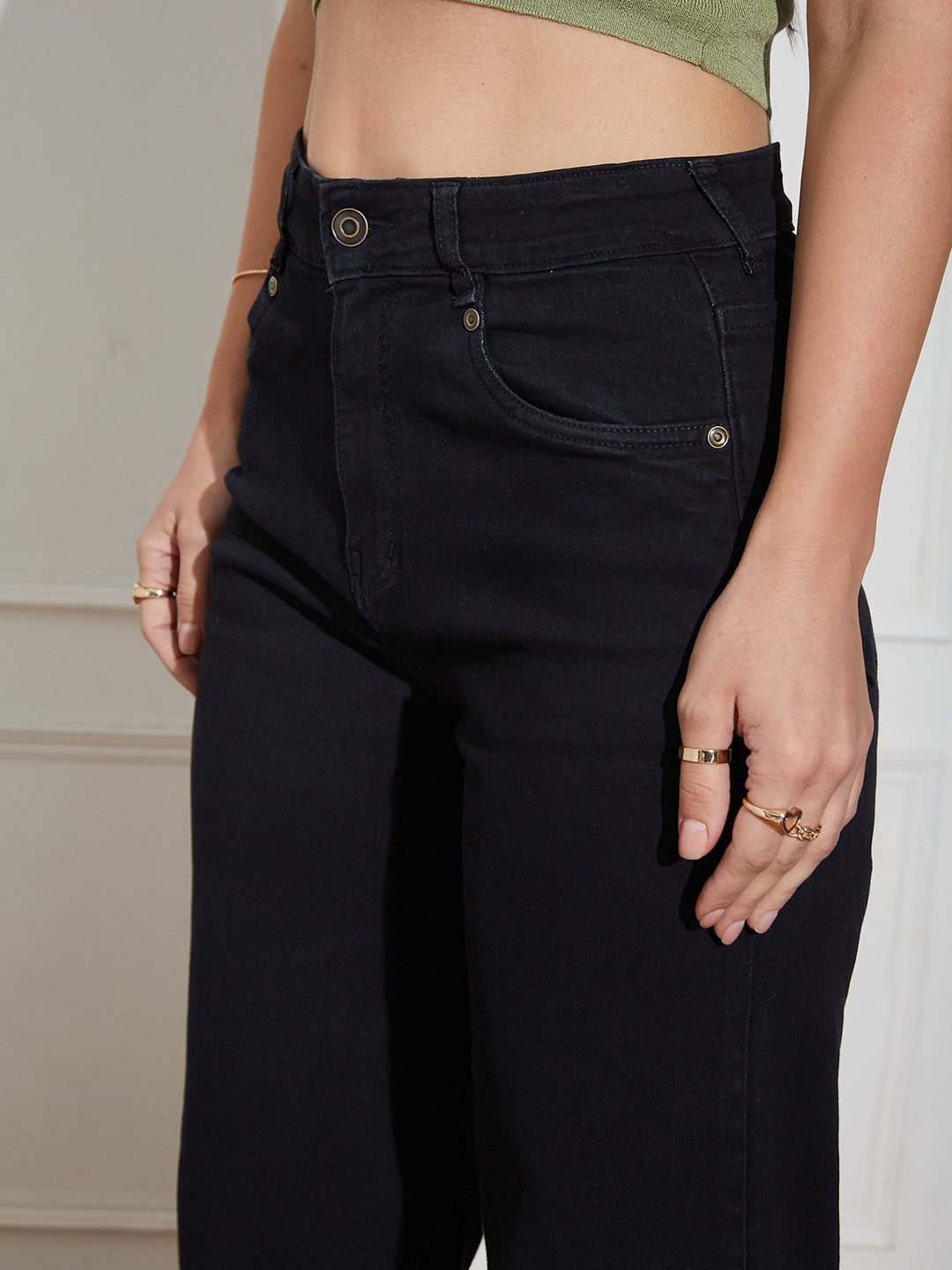 Women's Black Wide-Leg High Rise Clean Look Regular-Length Stretchable Denim Jeans