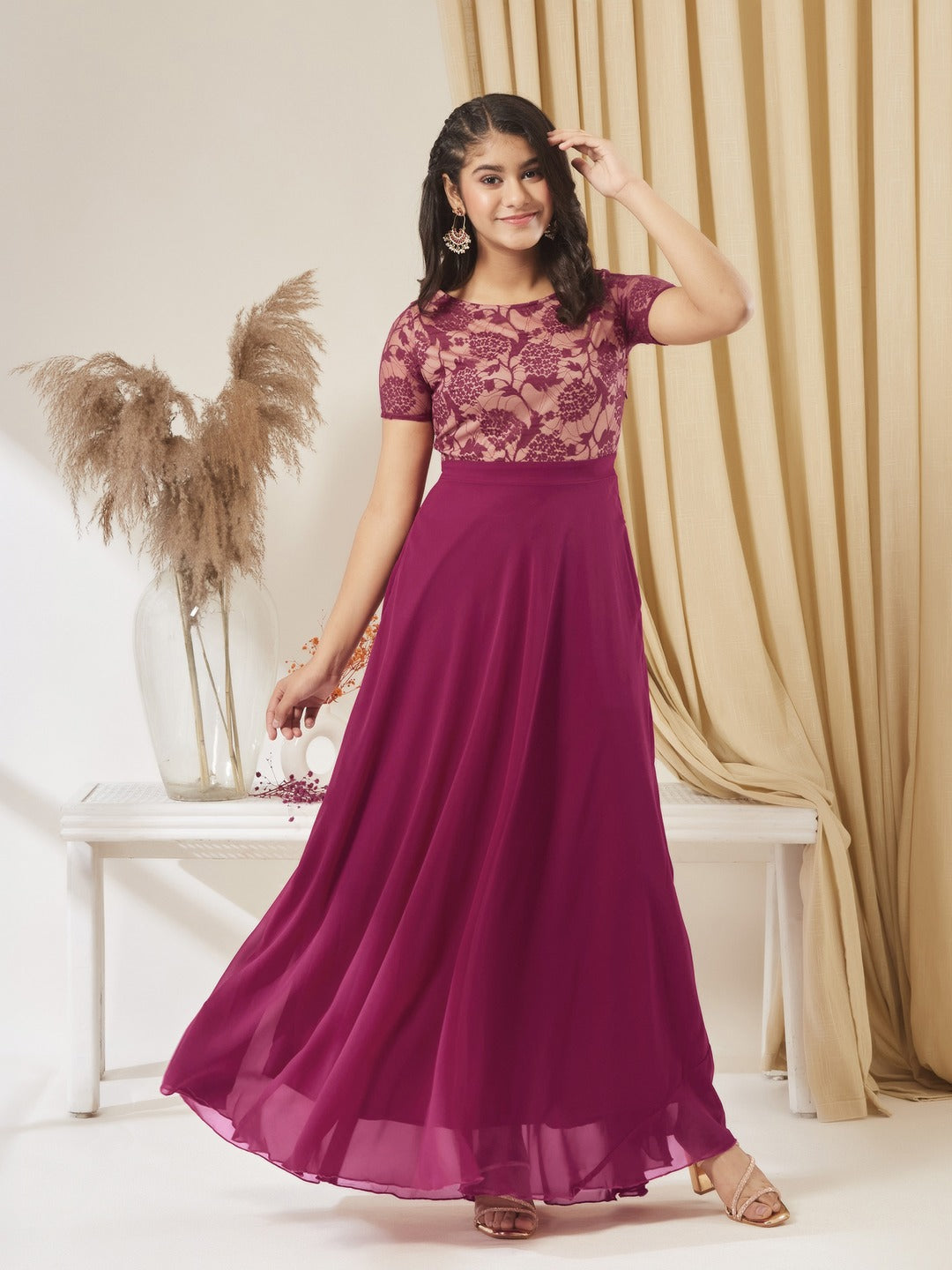 Dark Pink Round Neck Half Sleeve Self-Designed Fit & Flare Georgette Maxi Dress for Girls/Teenagers