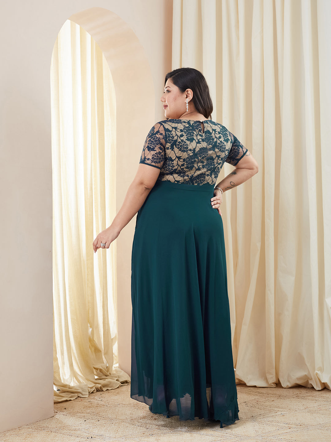 Teal Round Neck Half Sleeve Self Design Fit & Flare Georgette Maxi Dress for Women — Miss Chase A+