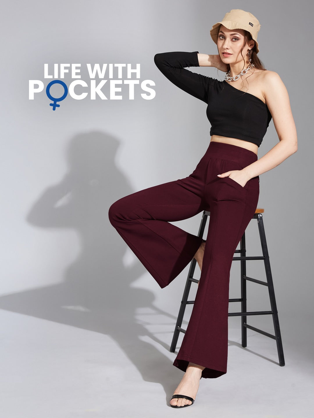 Wine Regular-Length Viscose Rayon Bootcut Trouser for Women