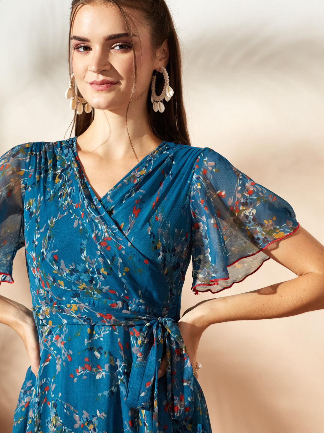 White & Blue Floral Printed Flutter Sleeves Maxi Dress for Women