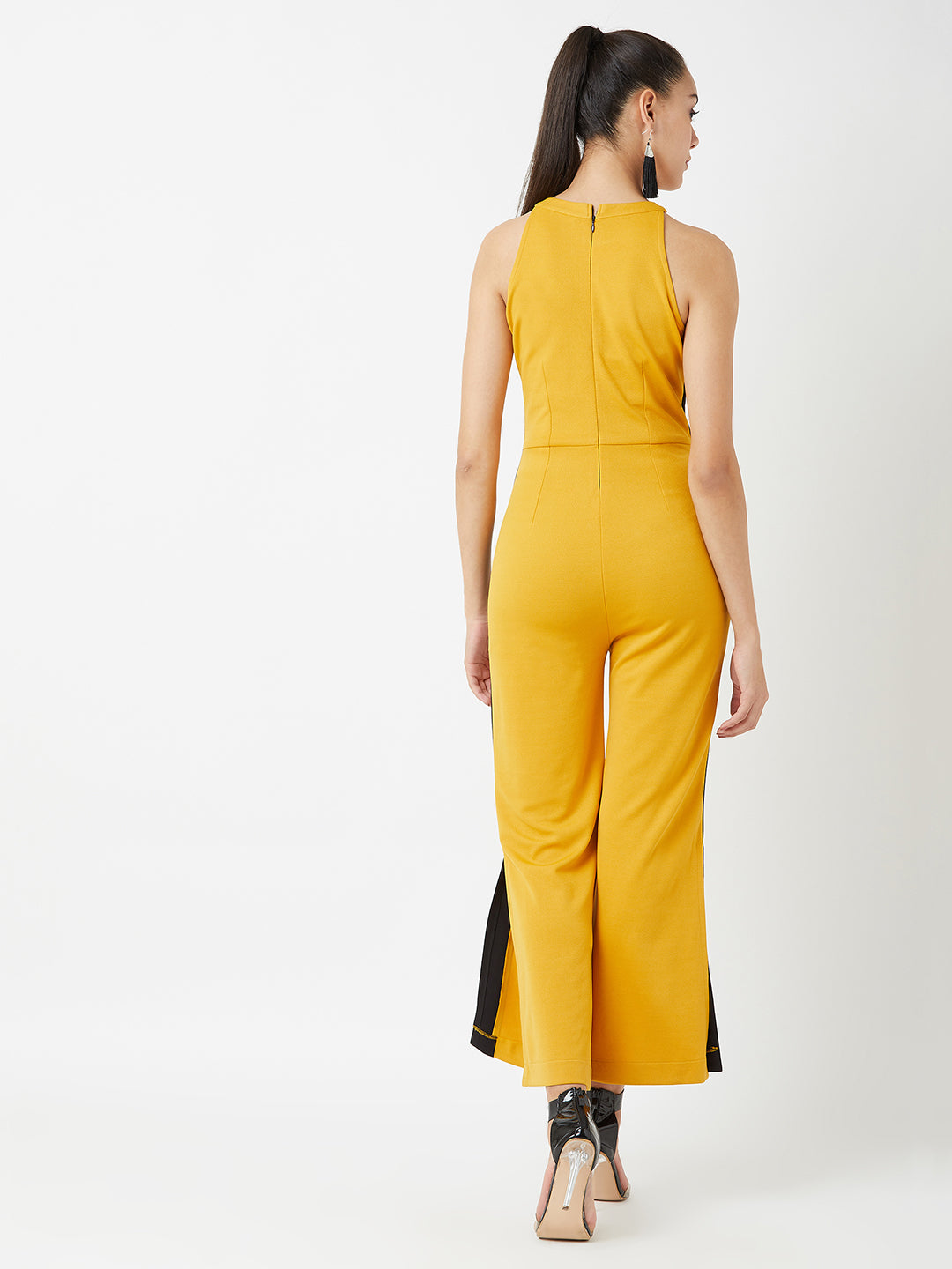 Crease Ease Women's Mustard Yellow & Black Halter Neck Sleeveless Solid Flared Jumpsuit